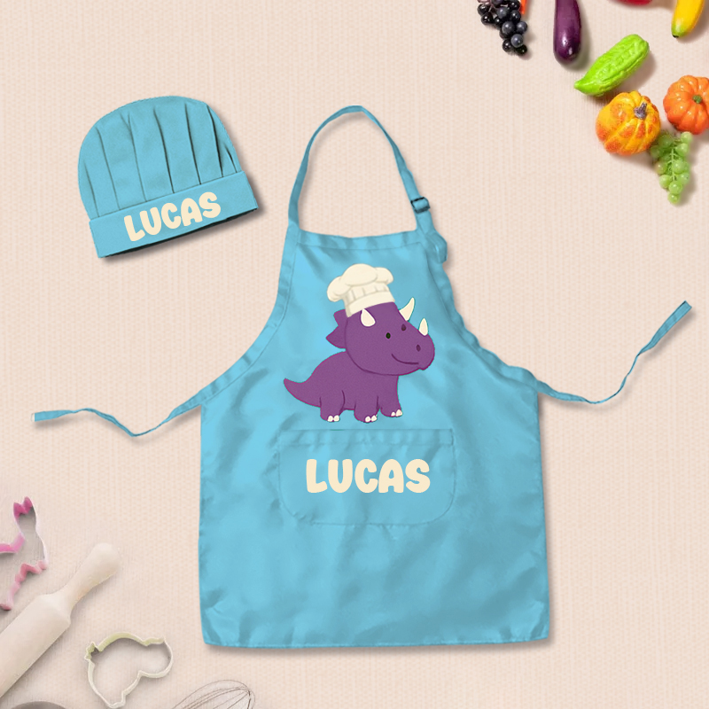 Personalized Cartoon Dinosaur Adjustable Kid Apron Chef Hat Set with Pocket and Name for Cooking Baking Birthday Holiday Gift for Kids
