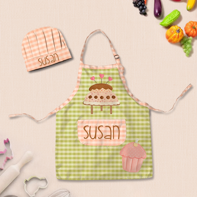 Personalized Checkered Cake Adjustable Kid Apron Chef Hat Set with Pocket and Name for Cooking Baking Birthday Holiday Gift for Kids