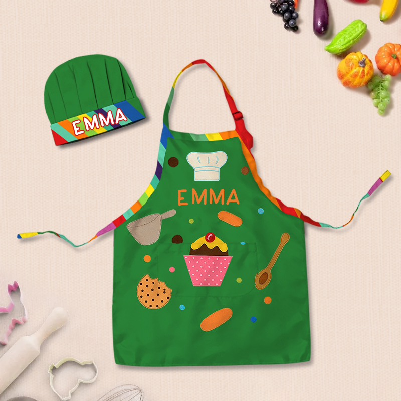 Personalized Cooking Elements Adjustable Kid Apron Chef Hat Set with Pocket and Name for Cooking Baking Birthday Holiday Gift for Kids