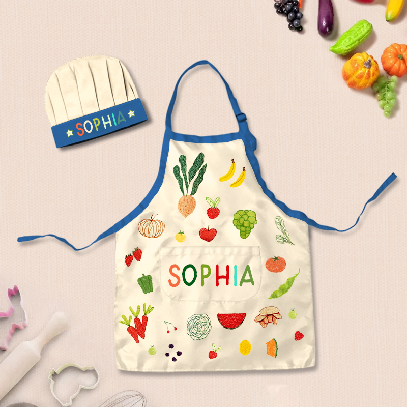 Personalized Hand Drawn Fruits Vegetables Adjustable Kid Apron Chef Hat Set with Pocket and Name for Cooking Baking Birthday Holiday Gift for Kids