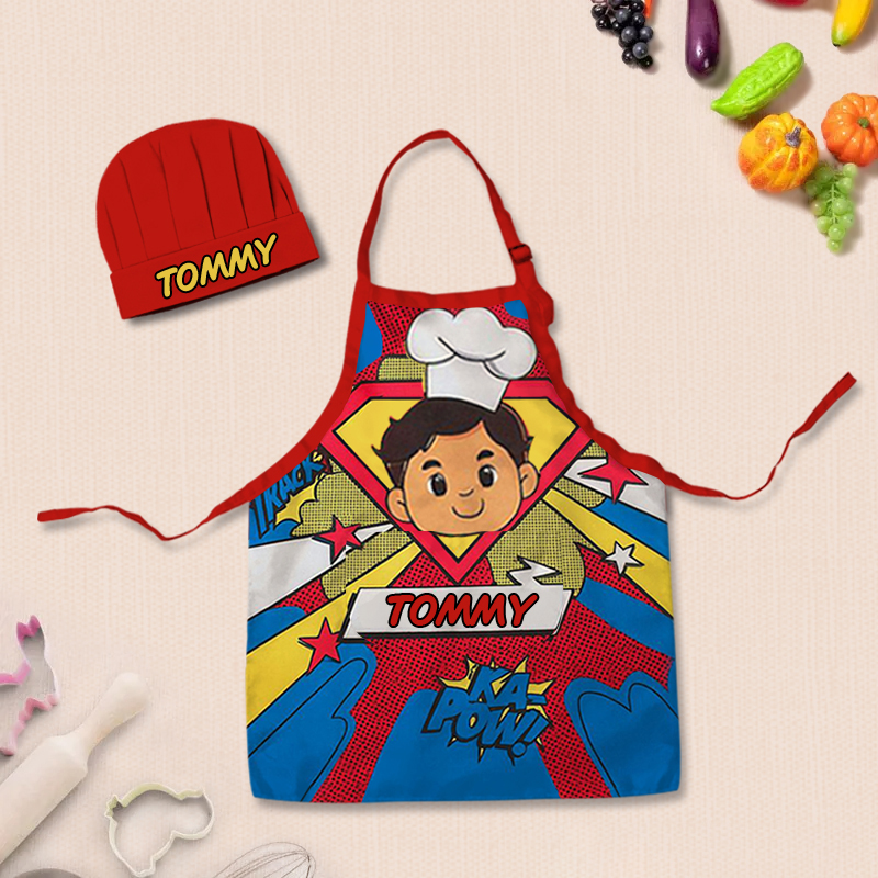 Personalized Comic Style Adjustable Apron Chef Hat Set with Pocket and Name for Cooking Birthday Holiday Gift for Kids