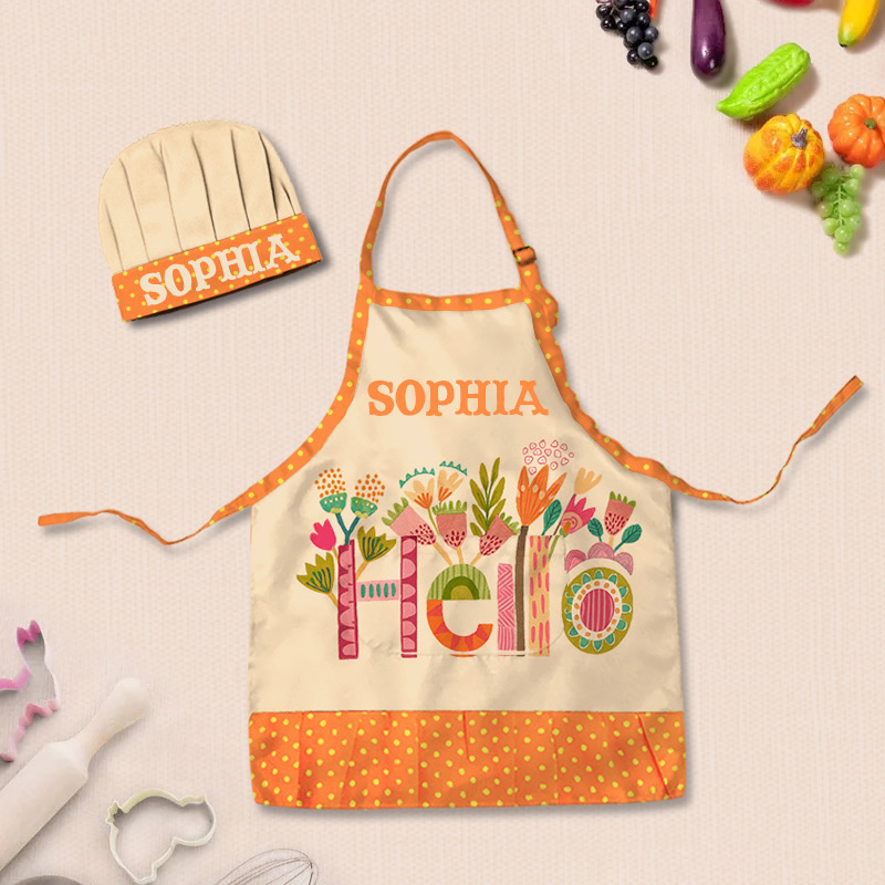 Personalized Floral Pattern Adjustable Kid Apron Chef Hat Set with Pocket and Name for Cooking Baking Birthday Holiday Gift for Kids