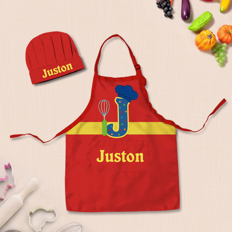Personalized Letter Remix Color Block Adjustable Kid Apron Chef Hat Set with Pocket and Name for Cooking Baking Birthday Holiday Gift for Kids