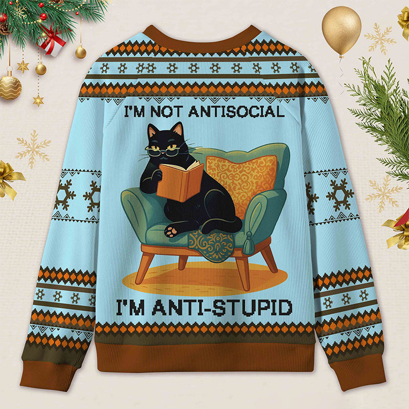 Personalized Wise Bookish Cat Reading Ugly Sweater Holiday Gift for Book Lovers