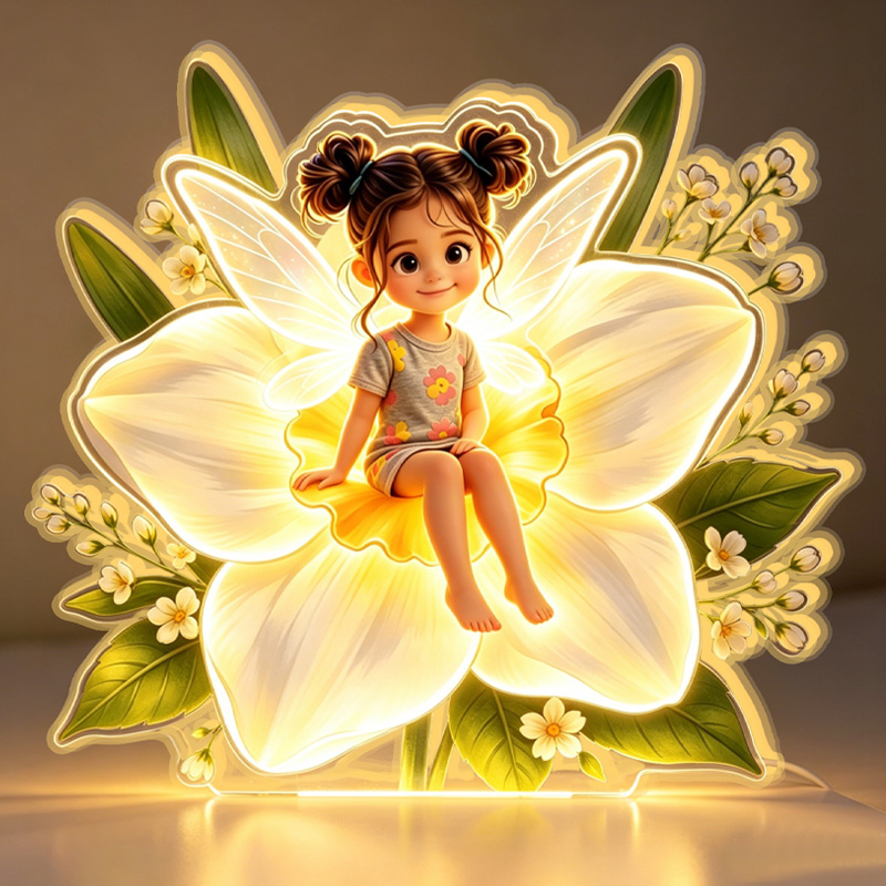 Personalized Birth Fairy Girl Sitting On Glowing Lotus Flower Wings Pastel Garden Magic Fantasy Kids Bedroom Night Light