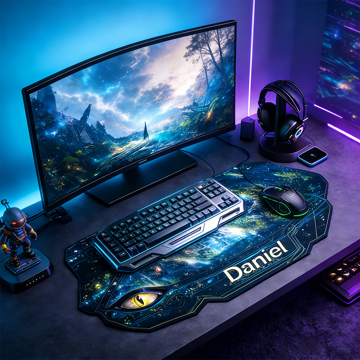 Personalized Custom Cosmic Dragon Eye Extended Mouse Pad Personalized Irregular Galaxy Desk Mat Sci-Fi Fantasy Gamer Accessory