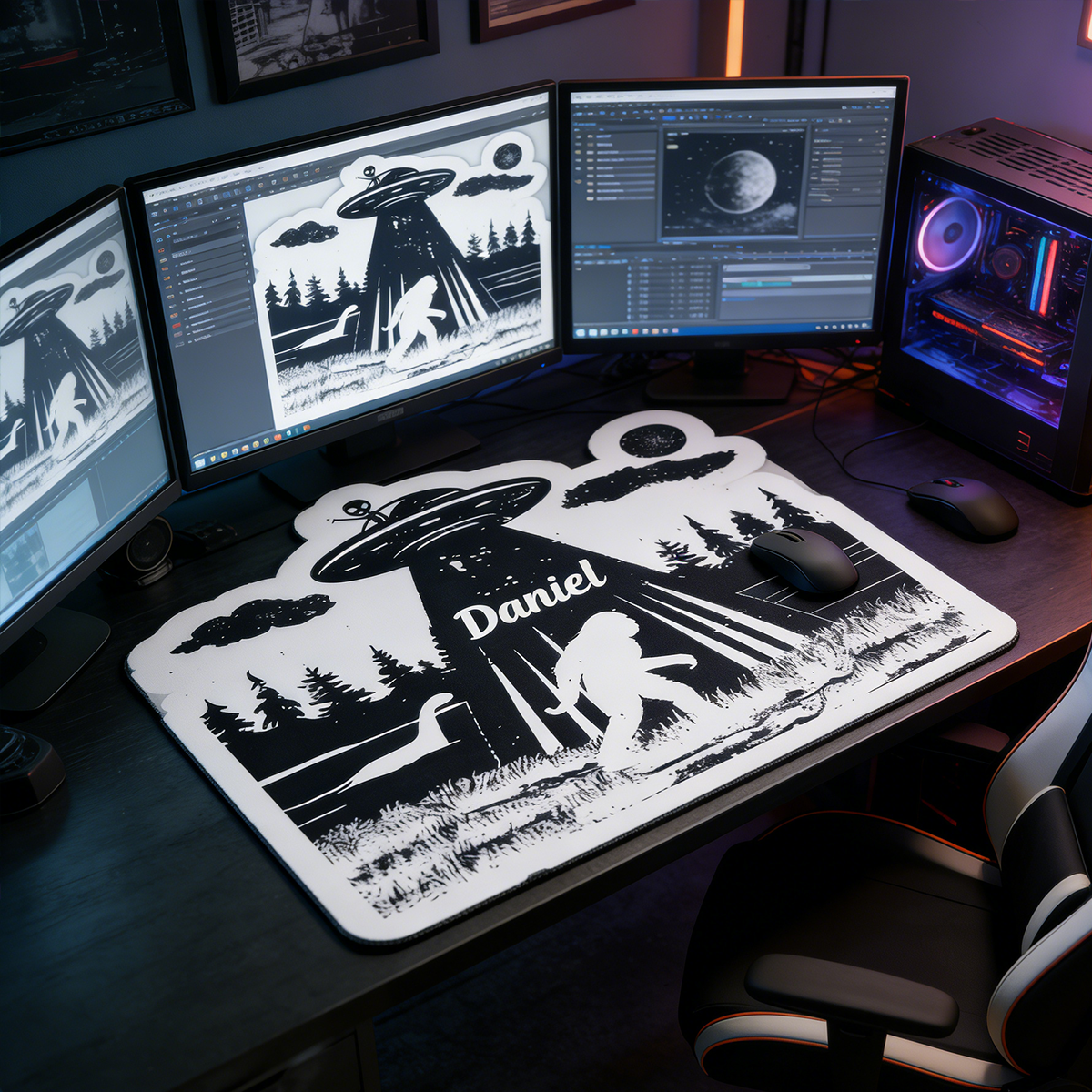 Personalized Custom UFO Bigfoot Irregular Mouse Pad Personalized Cryptid Conspiracy Desk Mat Retro Alien Abduction Gamer Accessory