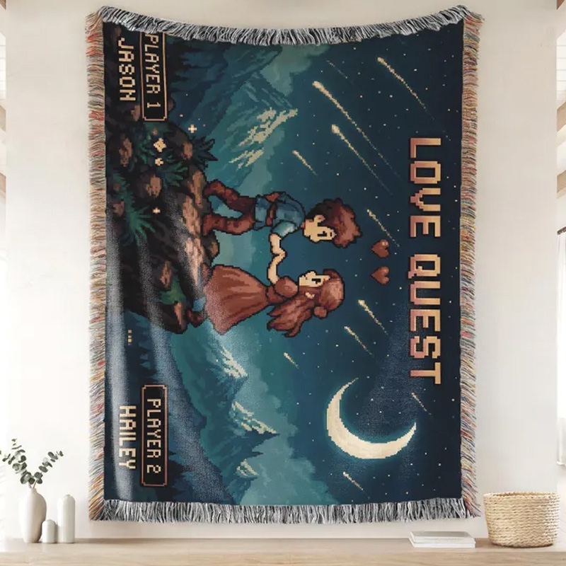 Personalized Gamer Couple Blanket Pixel Art Throw for Nerdy Wedding Couple Geek Lover