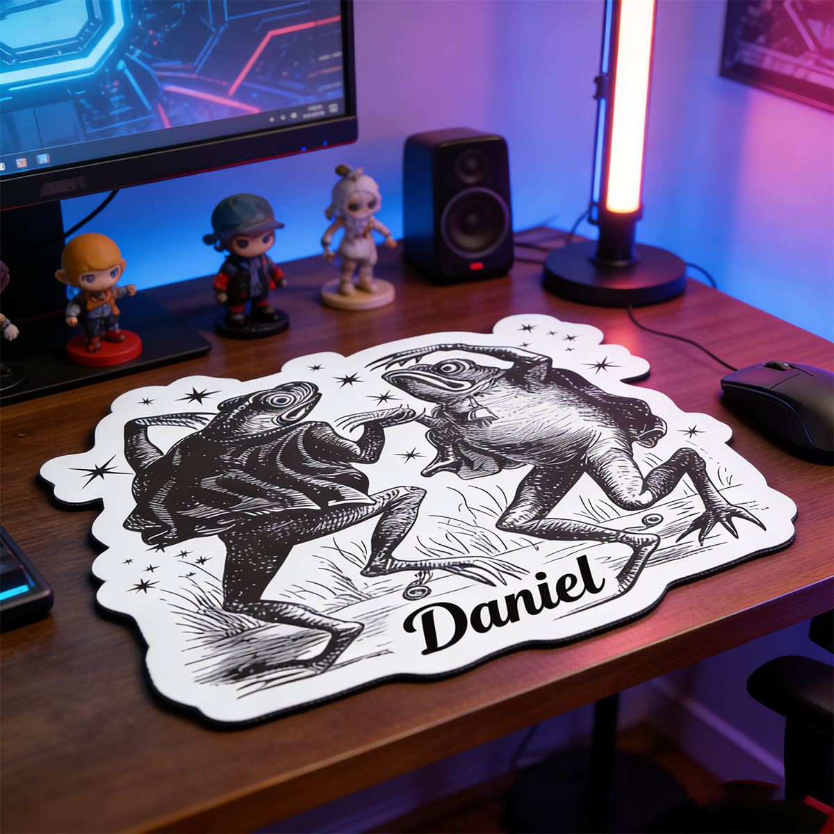 Personalized Custom Vintage Fighting Frogs Irregular Mouse Pad Personalized Gothic Toad Desk Mat Whimsical Dark Art Gamer Accessory