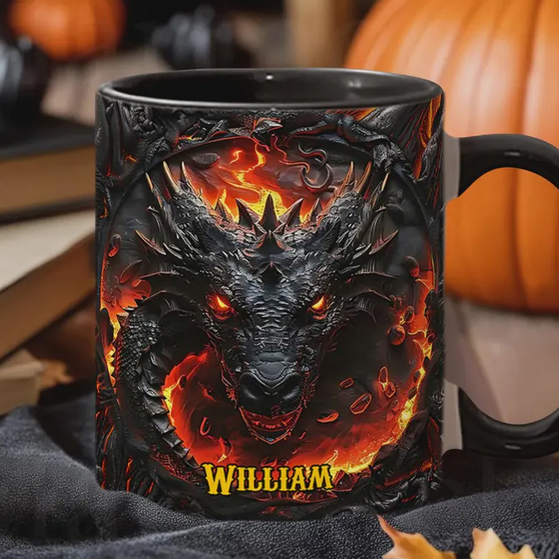 Personalized Fire Dragon Fantasy Coffee Mug with Names Mythical Creature Gift for Geek Lover