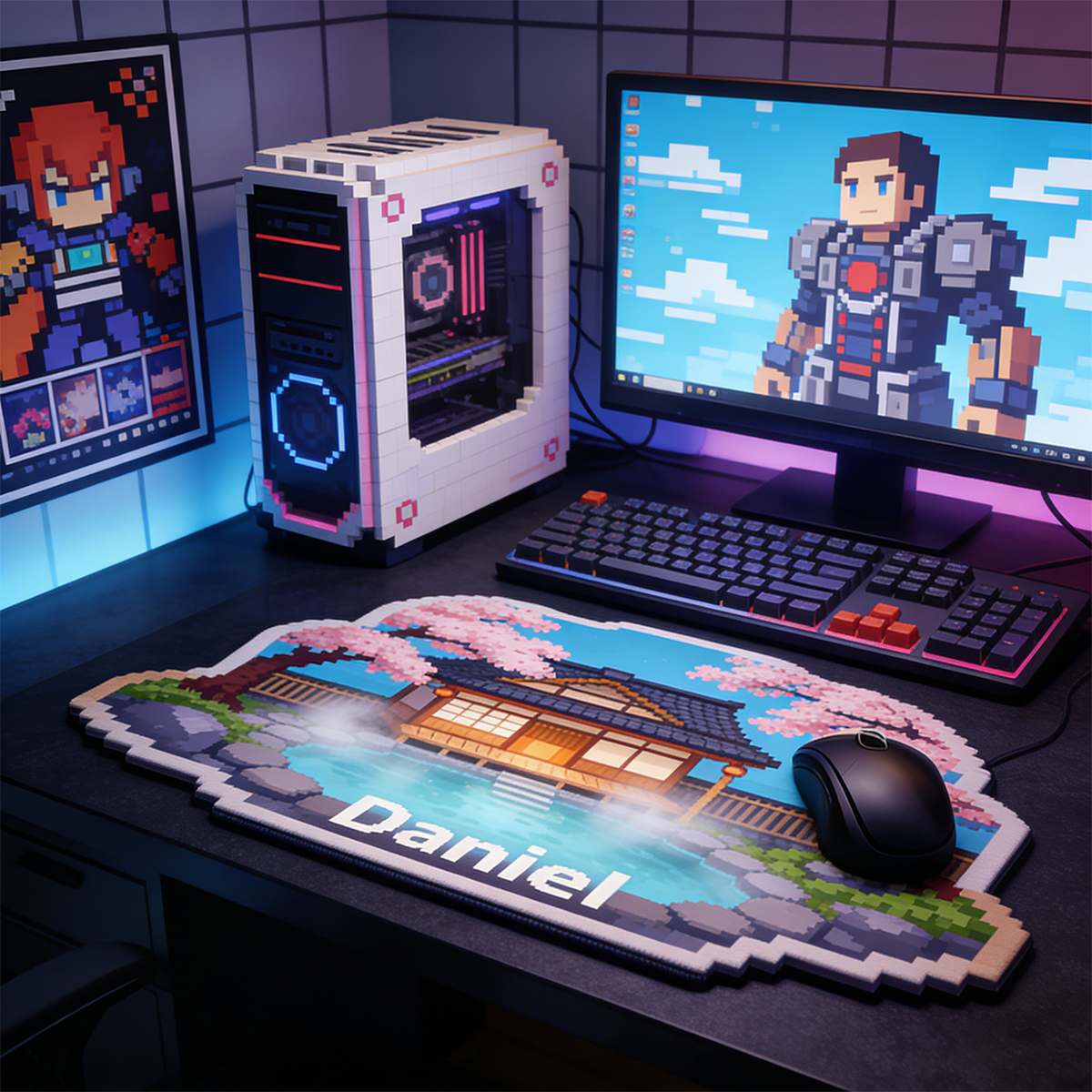 Personalized Custom Pixel Art Japanese Onsen Mouse Pad Personalized Retro 8-Bit Desk Mat Cherry Blossom Spa Gamer Accessory