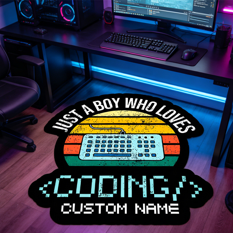 Personalized Retro IT Just A Boy Who Loves Coding Graphic Rug Doormat Kids Nerd Bedroom Playroom Rug Gifts for Geek Lover