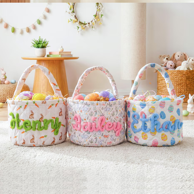 Personalized Easter Basket Quilted Spring Egg Hunt Bucket Boys Girls Bunny Easter Baskets gift for kids Custom Name Basket Easter Decor