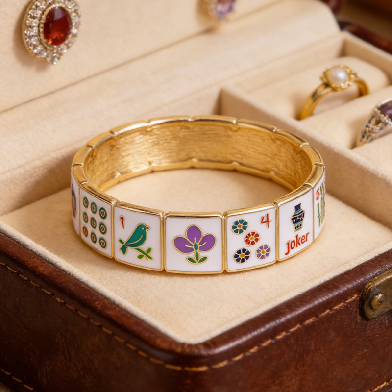 Going Mahjong Enamel Hinge Bangle in Multi Vintage Bangle Colored Enamel Bangle Birthday Gift for Her Gold Plated Colorful Bangle