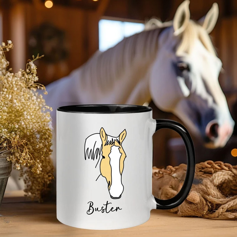 Personalized Horse Face Line Drawing Photo Mug for Equestrian Horse Riding Lovers