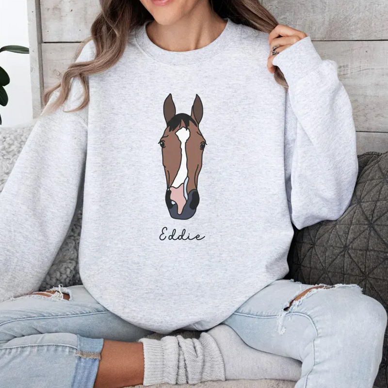 Personalized Horse Photo Line Drawing Sweatshirt Crewneck Equestrian Shirt Horseback for Riding Lovers