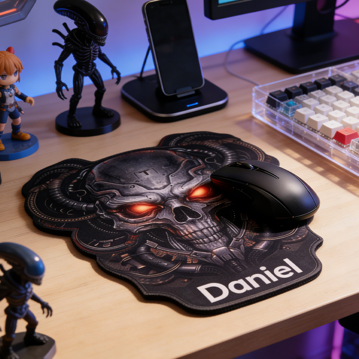 Personalized Custom Cyberpunk Skull Irregular Mouse Pad Personalized Sci-Fi Horror Desk Mat Red Eyes Gamer Accessory