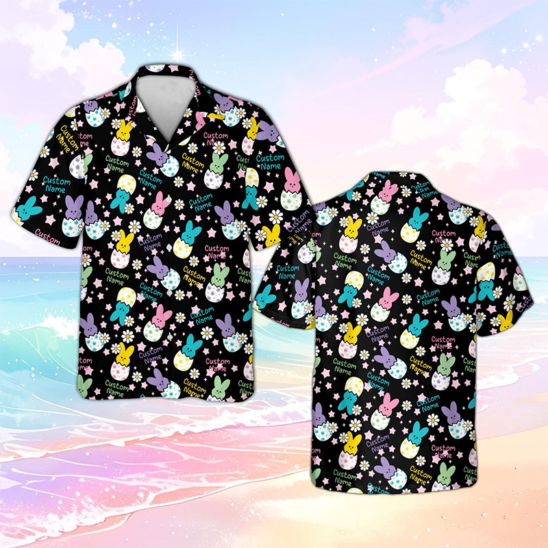 Personalized Easter Bunny Hawaiian Shirt with Name Custom Bunny Egg Shirt for Men Cute Spring Floral Rabbit Pattern Easter Gift for Husband Boyfriend