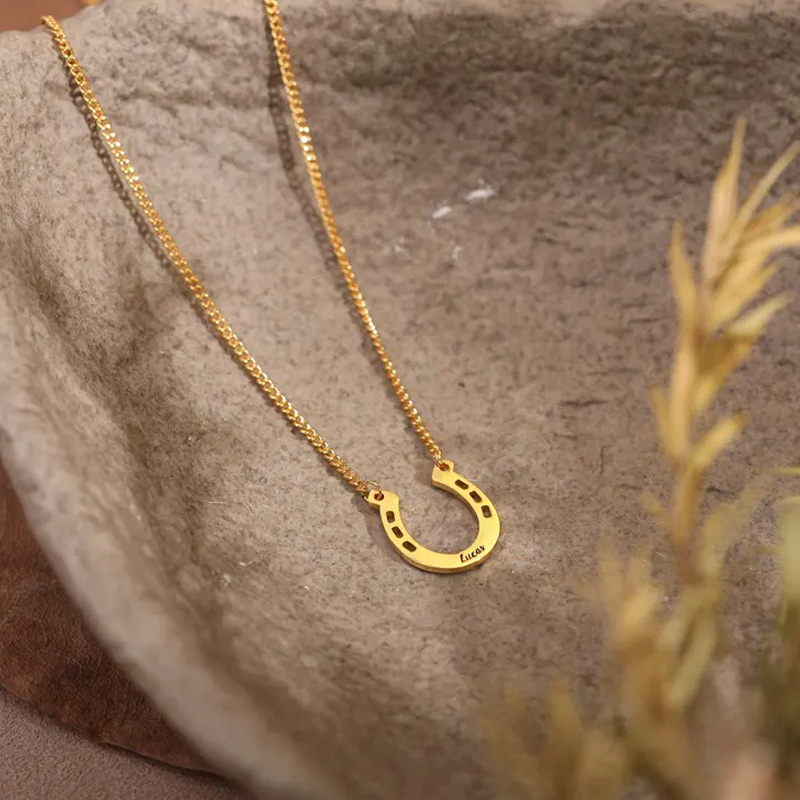 Personalized Horseshoe Charm Necklace with Name Jewelry Cube Gift for Equestrian Riding Lovers