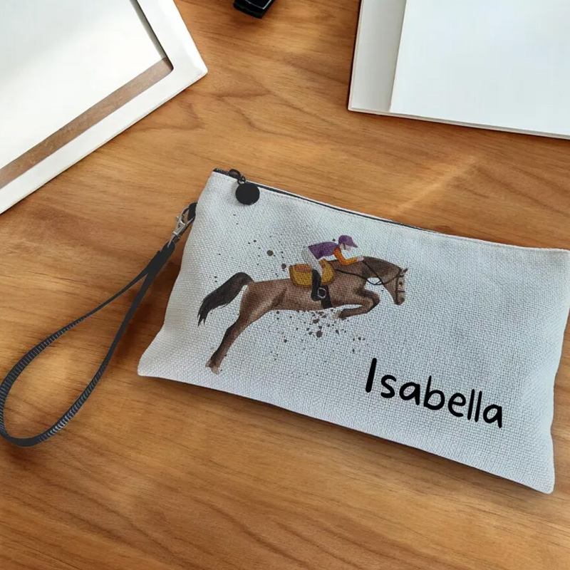 Personalized Brown Horse Makeup Bag Pencil Case Equestrian Cosmetic Bag Horse Lover Gift Linen Zipper Pouch for Riding Lovers
