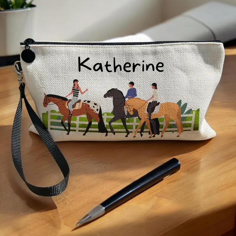 Personalized Horse Makeup Bag Pencil Case Equestrian Cosmetic Bag Horse Lover Gift Linen Zipper Pouch for Riding Lovers