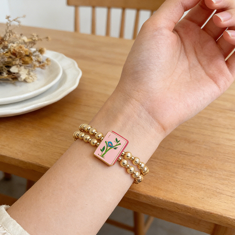 Mahjong 2 Row Ball Bead Stretch Bracelet in Shiny Gold