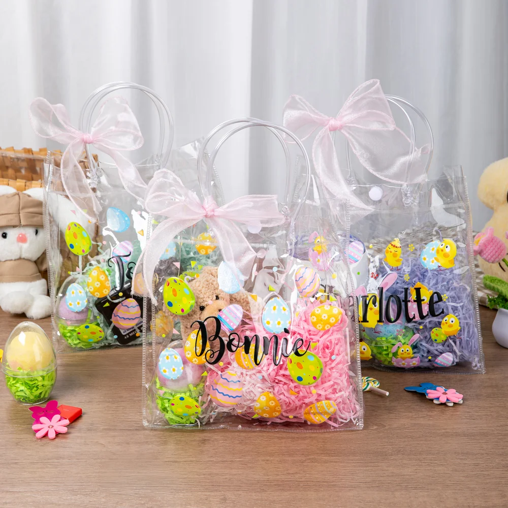 Personalized Pink Bow Ribbon Colorful Easter Eggs Chicks Clear Gift Bag with Name Holiday Treat Packaging Easter Party Favors Gift for Kids