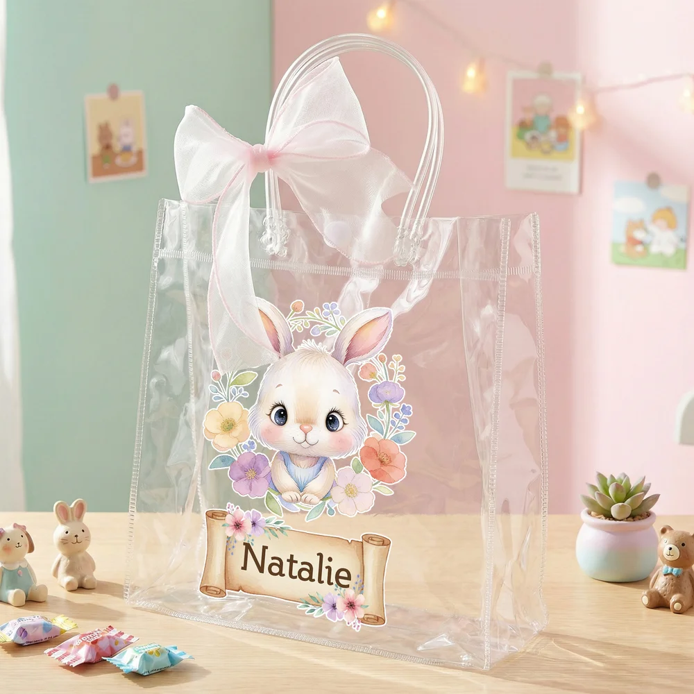 Personalized Floral Animals Clear Gift Bag with Name and Pink Bow Ribbon Holiday Treat Packaging Easter Party Favors Gift for Kids