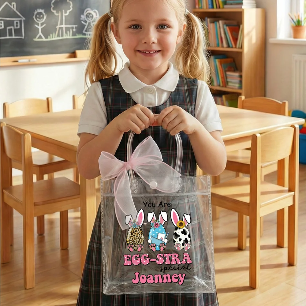 Personalized Cute Easter Eggs Clear Gift Bag with Name and Pink Bow Ribbon Easter Party Favors Gift for Kids