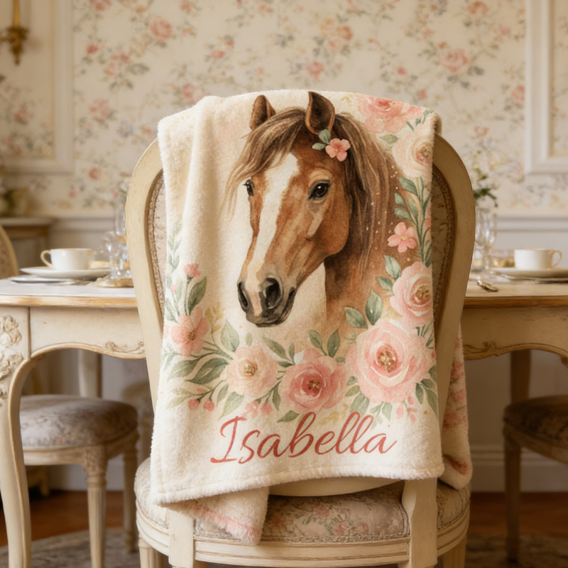 Personalized Watercolor Horse Girl Throw Blanket Gift for Riding Lovers Equestrian Lovers