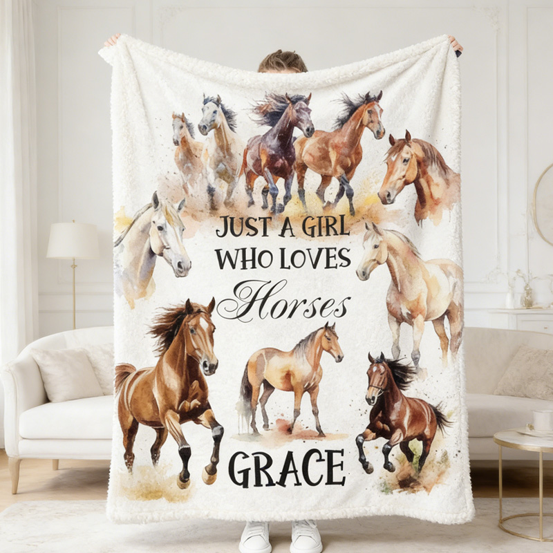 Personalized Just a Girl Who Loves Horses Throw Blanket Gift for Riding Lovers Equestrian Lovers