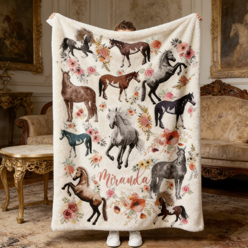 Personalized Flower Horses Throw Blanket Gift for Riding Lovers Equestrian Lovers