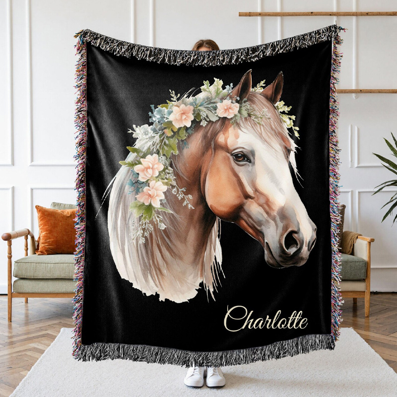 Personalized Horse Woven Blanket with Floral Crown for Equestrian Riding Lovers