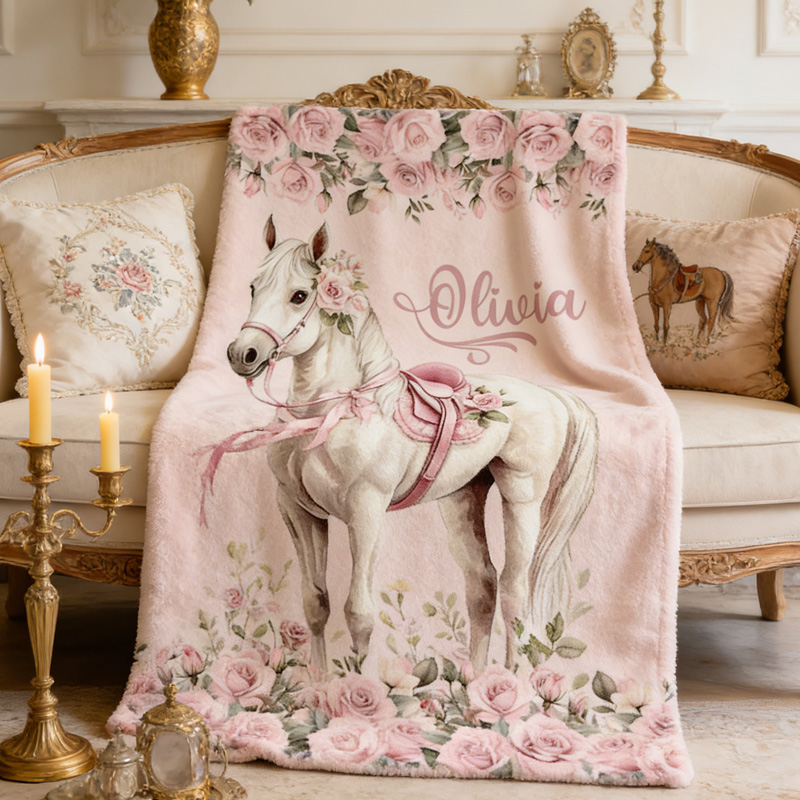 Personalized Pink Rose Floral Baby Throw Blanket Gift for Riding Lovers Equestrian Lovers