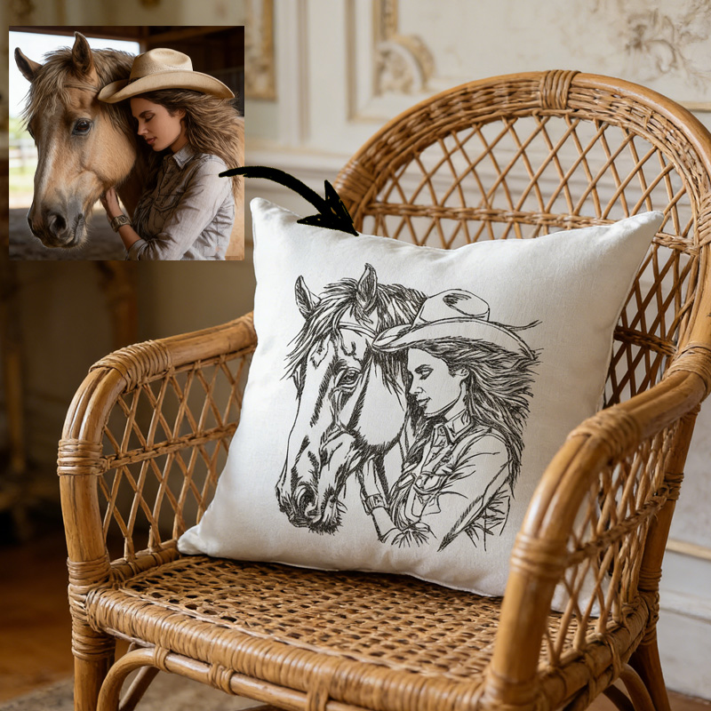 Personalized Line Art Throw Pillow From Horse Photo Gift for Riding Lovers Equestrian Lovers