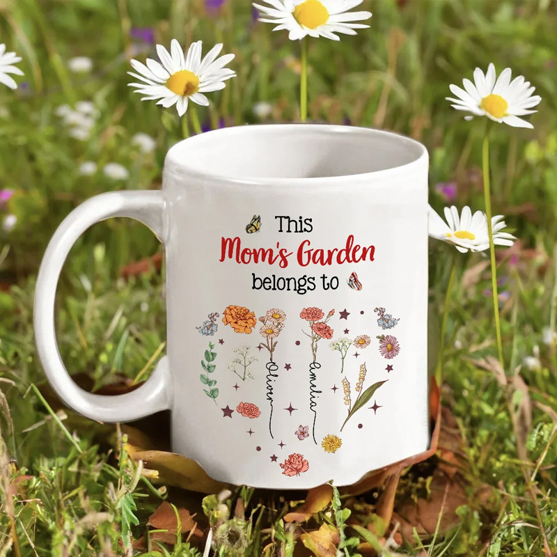Personalized This is Garden Belongs to Heart Birth Flowers 11 oz Ceramic Mug with 1-12 Names Birthday Mother's Day Gift for Mom Grandma