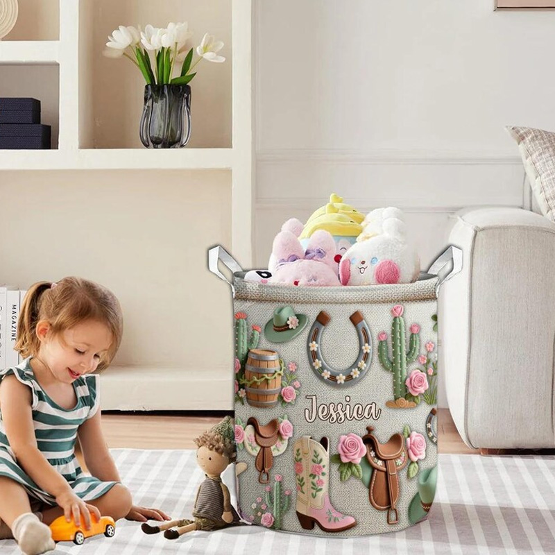 Personalized Cowgirl Hat Boots Horseshoes Accessories Organizer Basket Waterproof Laundry Basket with Handle and Name Bedroom Laundry Room Birthday Gift for Equestrian Lovers