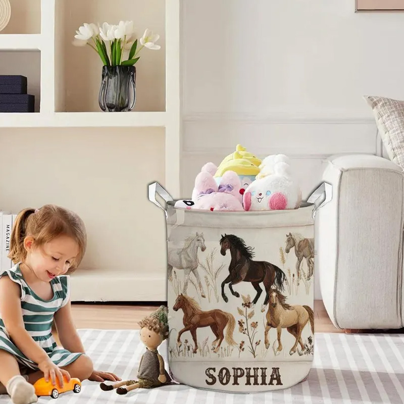 Personalized Beautiful Horses Organizer Basket Waterproof Laundry Basket with Handle and Name Bedroom Laundry Room Birthday Gift for Equestrian Lovers