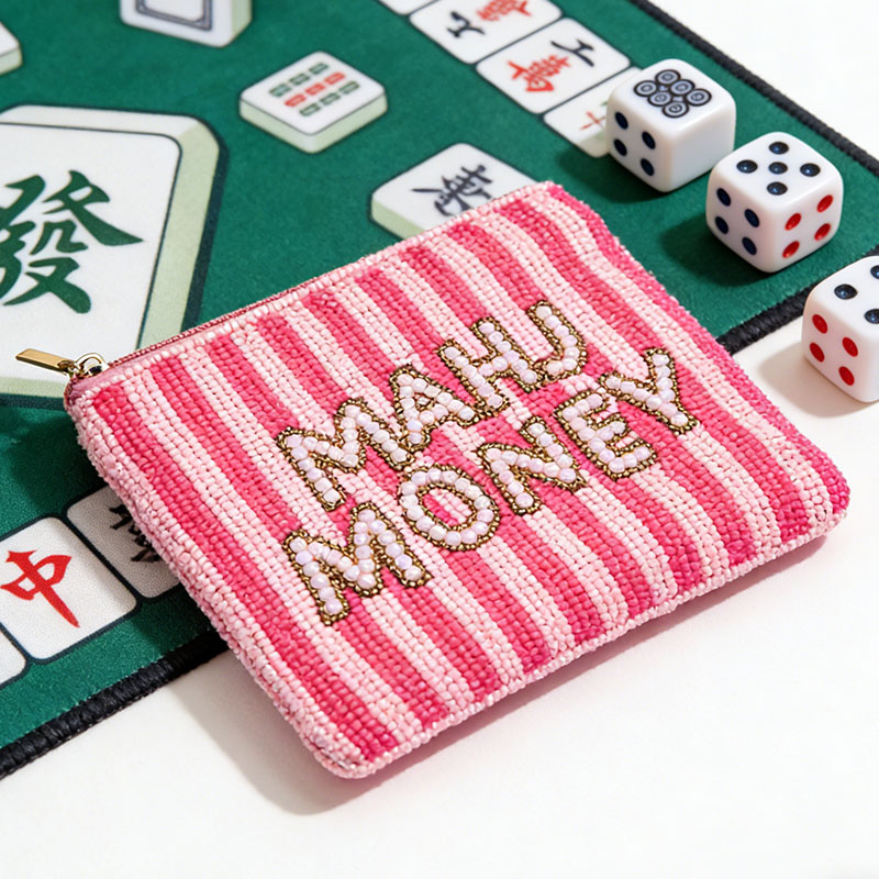Mahjong Money Beaded Pouch Pink Seed Bead Coin Purse Mahjong Gift Accessory