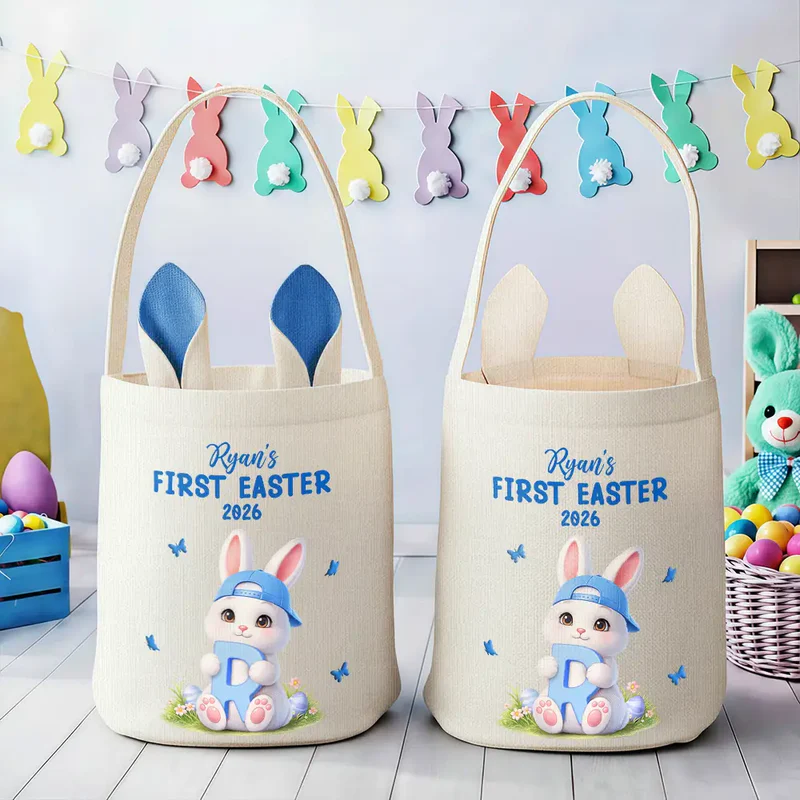 Personalized Easter Bunny Holding Alphabet Letter Bunny Ears Bucket Bag Easter Gift for Kids