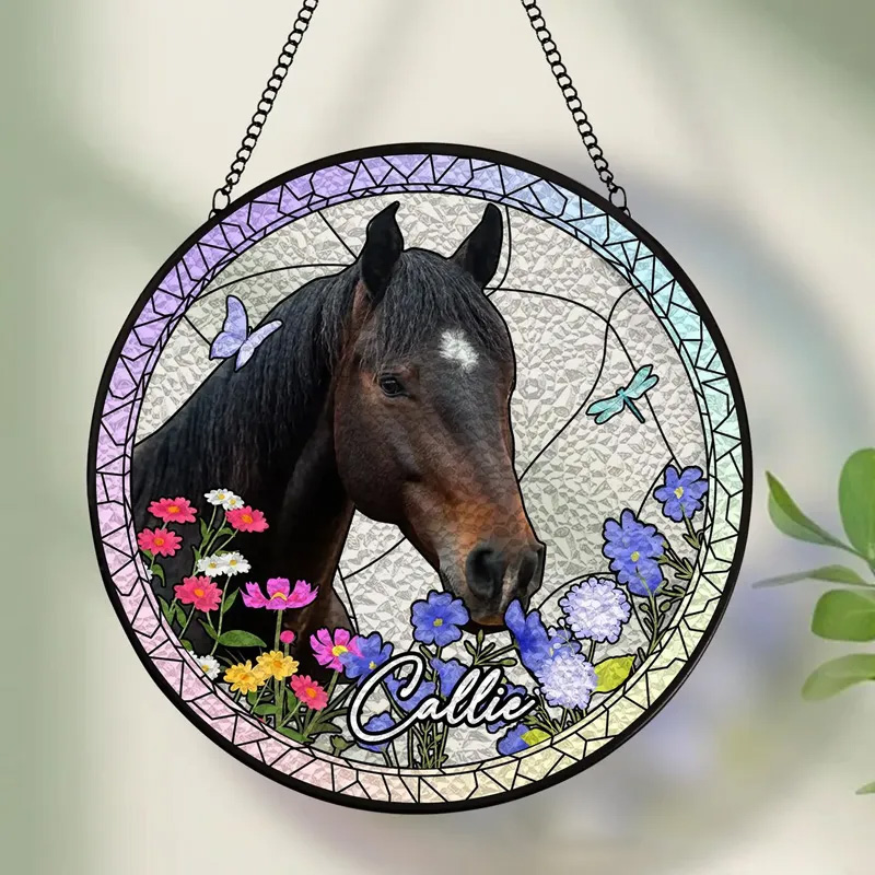 Personalized Horse Stained Glass Suncatcher Photo Horse Loss Memorial Gifts for Equestrian Ridng Lovers 