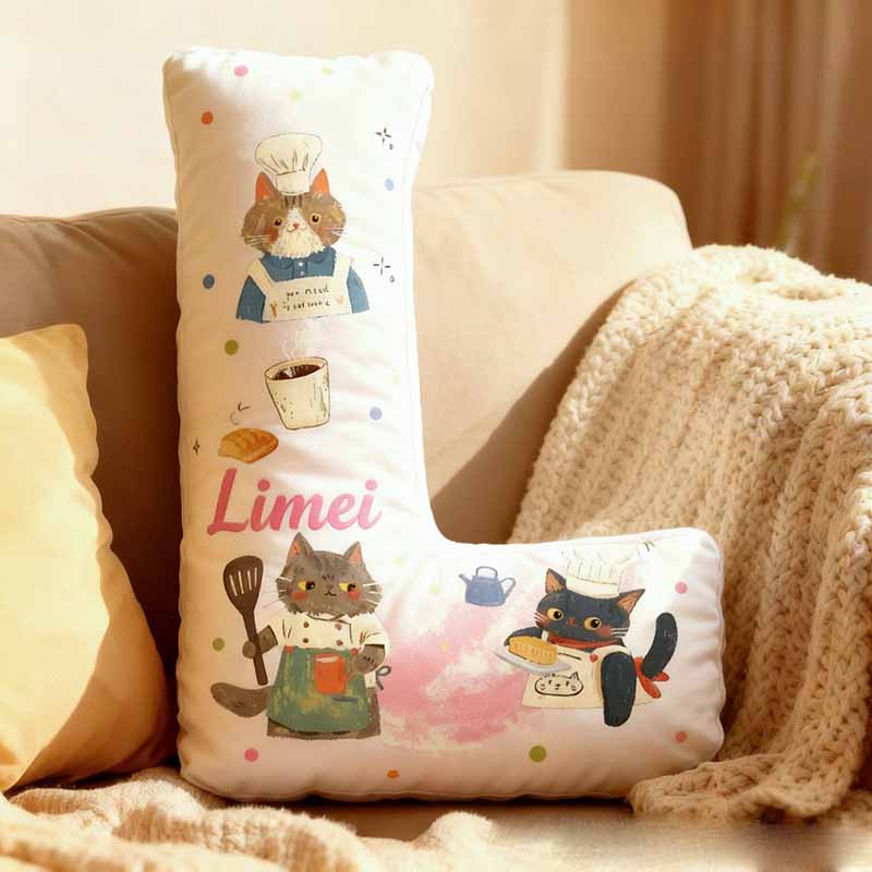 Personalized Cat Lover Cooking Bread Letter Pillow with Custom Name Graphic 3D Print