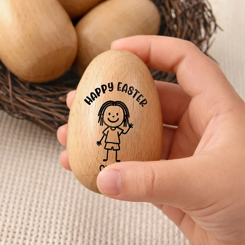Personalized Happy Easter Kids Stick Figure Musical Wooden Easter Egg Shaker Kids Easter Gifts Baby First Easter
