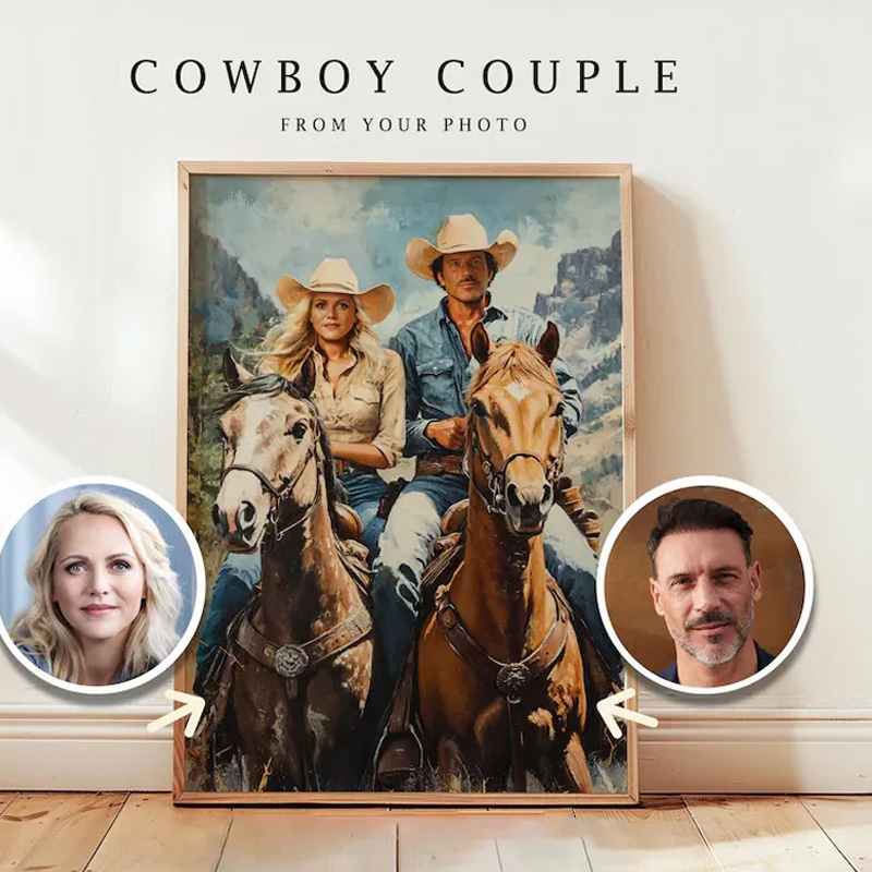 Personalized Custom Cowboy Couple Portrait Western Art from Photo for Riding Lovers
