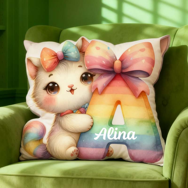 Personalized Cat Lover Cat Rainbow Letter Pillow with Custom Name Graphic 3D Print