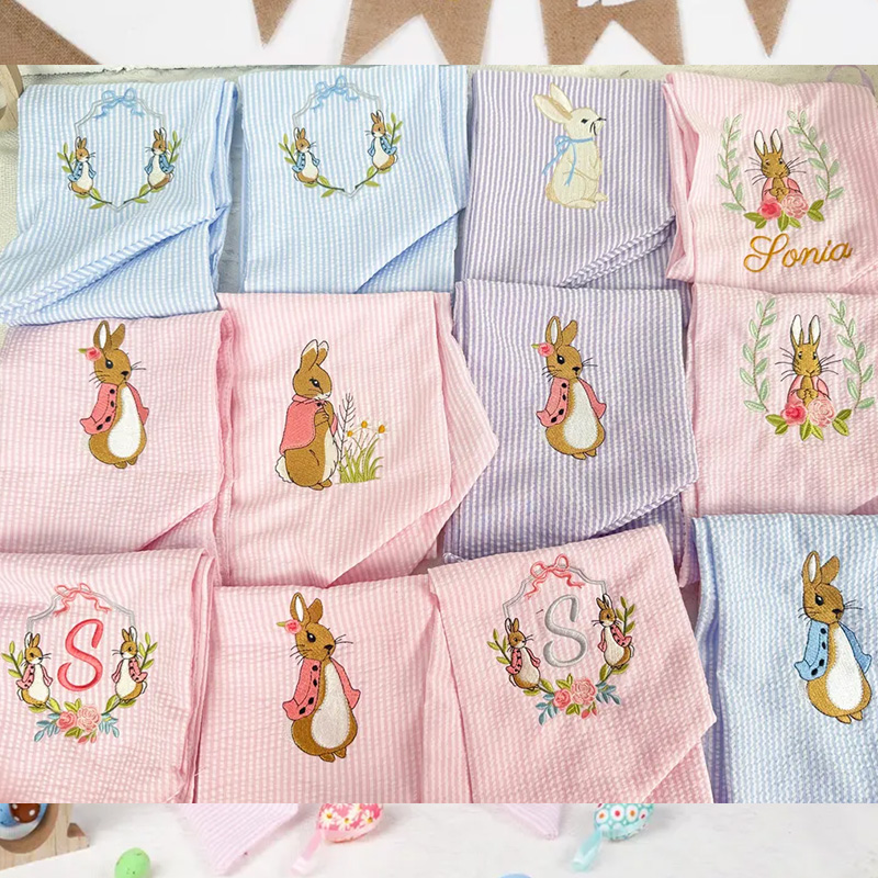 Personalized Seersucker Easter Basket Bow Monogrammed Bunny Design Easter Basket Decoration Kids Gift Spring Bunny Accessory