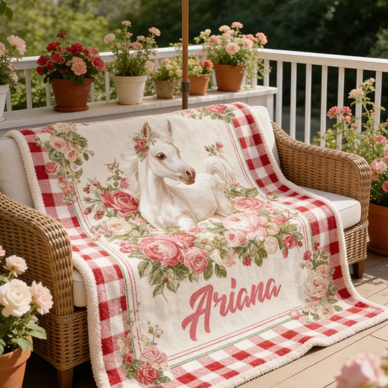 Personalized Riding Plaid Blanket Equestrian Horse Custom Name with French Countryside Gifts Family Blanket for Riding Lovers Equestrian Lovers