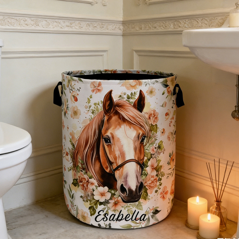 Personalized 3D Printed Pattern Watercolor Floral Horse Organizer Basket Waterproof Laundry Basket with Handle and Name Bedroom Laundry Room Birthday Gift for Equestrian Lovers