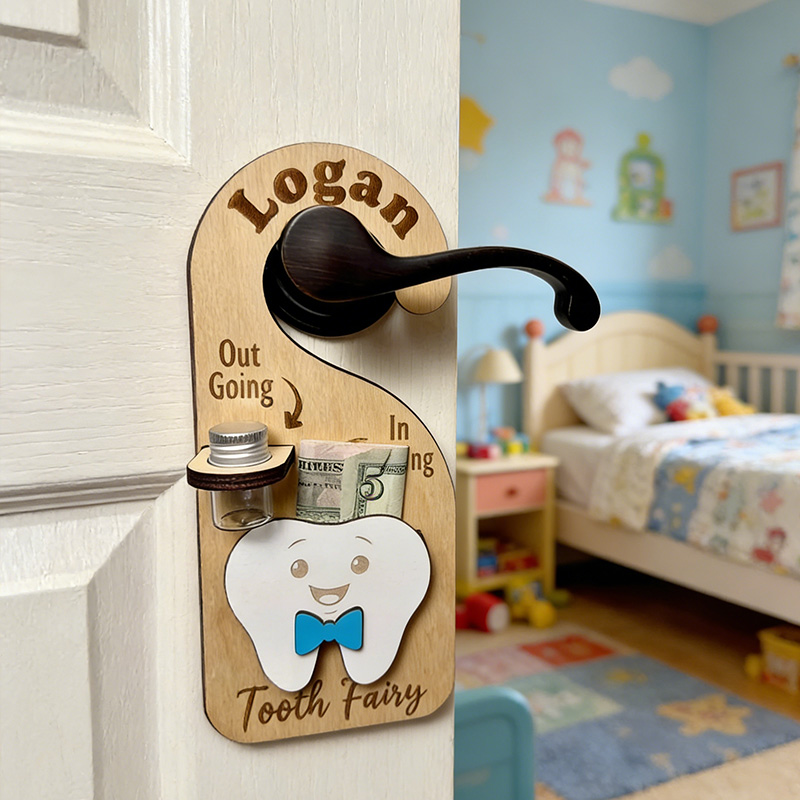 Personalized Tooth Fairy Door Hanger Custom Name Tooth Holder with Jar and Money Slot Kids Tooth Fairy Gift for Boys and Girls