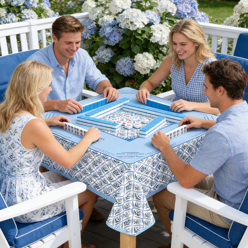 Mahjong Tablecloth 55" x 55" Polyester Blue Block Print Floral Flower Square Instructional Design with Rules for Family Game Night Party Favor Supplies